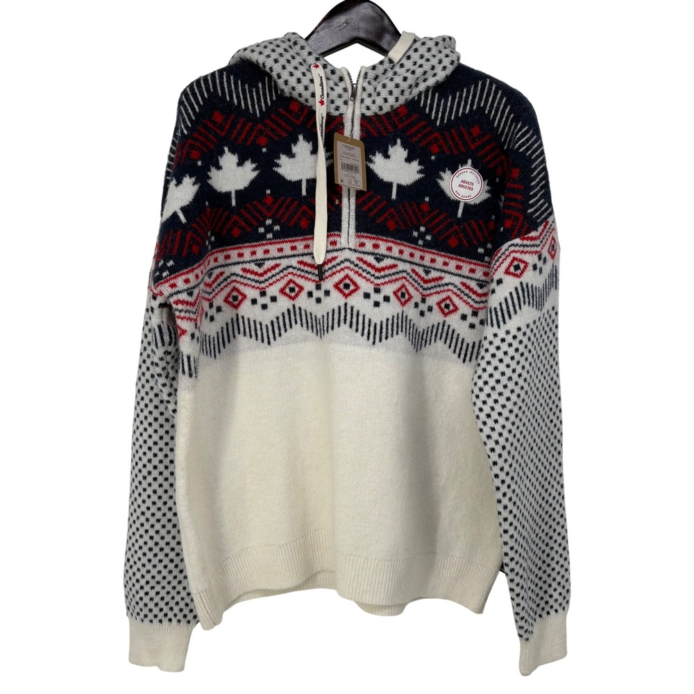 Canadiana Men XL Nordic Fair Isle Maple Leaf‎ Quarter Zip Hooded Sweater New
